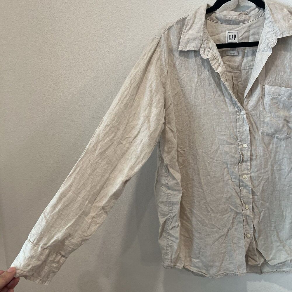 GAP Women’s Large Light Tan 100% Linen Button-Down Shirt Coastal Beachy Casual - Picture 4 of 7